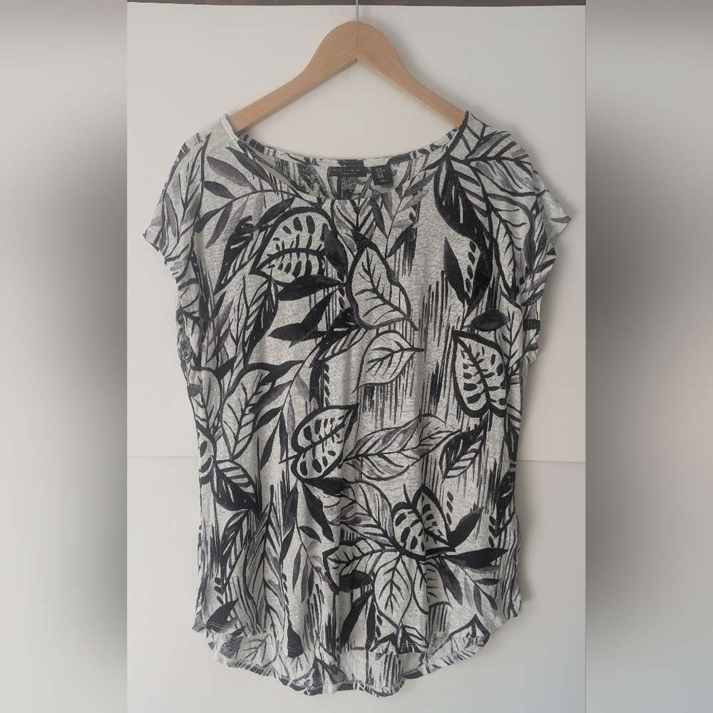 Tahari 100% Linen Blouse XL Black & White Cap Sleeves